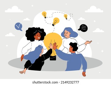 Idea born concept. Characters holding lamp, employees brainstorming. Inspiration and creativity, teamwork. Development of company or organization, partnership. Cartoon flat vector illustration