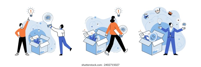 Idea in a box vector illustration. Intelligence is engine propels train creative exploration Leadership is beacon lighting path to discovery beyond box Smart strategies dismantle walls, revealing vast