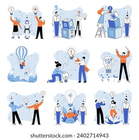 Idea in a box vector illustration. Intelligent minds shine brightest when allowed to radiate beyond box Invention is fruit harvested from trees unrestricted thinking Strategy is architect constructing