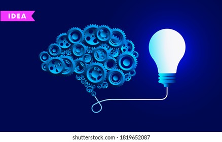 Idea brain - Human brain containing gears connected to lightbulb. Thinking hard, brainstorming, coming up with ideas, and the power of creativity concept. Vector illustration.