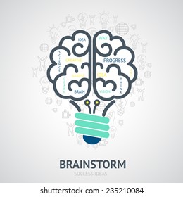 Idea brainstorm design concept with creative vision symbols in lightbulb brain shape vector illustration