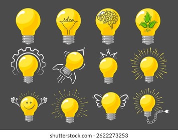 Сconceito de ideia, debate, sinais de trabalho em equipe. Conjunto de lâmpadas amarelas de desenho animado com elementos desenhados à mão. Elementos de design bonito para impressão, web. Ilustração de Vetor Isolado