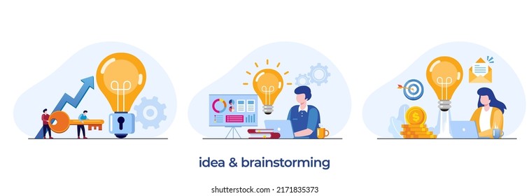 idea and brainstorming, analyst, creative development, startup concept, light bulb illustration, flat illustration vector