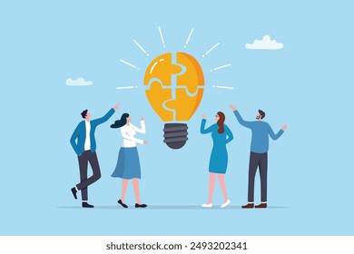 Idea brainstorming, cooperation or collaboration to get solution, teamwork or team meeting to develop idea together, employee participation concept, business people connect lightbulb jigsaw puzzle.