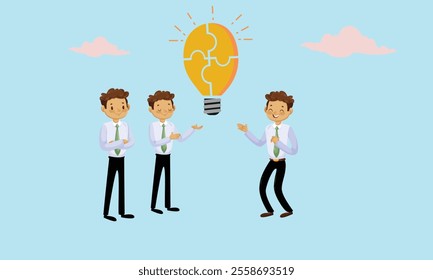  Idea brainstorming, cooperation or collaboration to get solution, teamwork or team meeting to develop idea together, employee participation concept, business people connect lightbulb jigsaw puzzle.