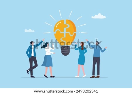 Idea brainstorming, cooperation or collaboration to get solution, teamwork or team meeting to develop idea together, employee participation concept, business people connect lightbulb jigsaw puzzle.