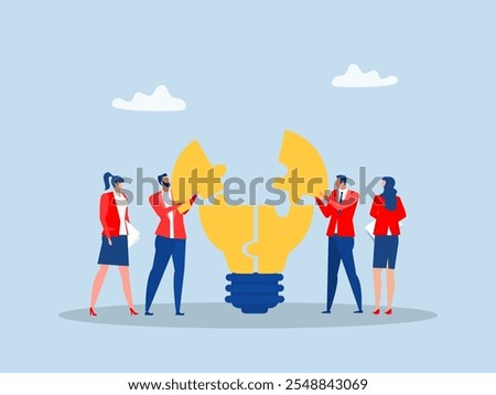 Idea brainstorming, cooperation or collaboration to get solution Business people work together to complete the light bulb jigsaw puzzle in harmony.Effective teamwork