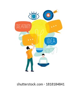 Idea, brainstorming, creativity, creative solutions, education, learning and thinking, content development, project and research flat design for mobile and web graphics vector illustration