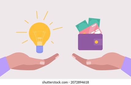 Idea brainstorming. Hands are holding light bulb and money. Vector illustration in a flat style