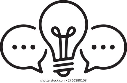 Idea brainstorming lightbulb with chat speech bubbles icon for creative team discussion and business innovation.