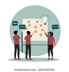 Idea Brainstorming Session with Post It Notes on Board. Collaborative team brainstorming ideas by arranging sticky notes on a white board, symbolizing creativity, teamwork, and planning progress.