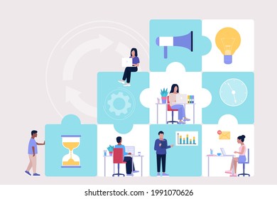 Idea brainstorming, teamwork and communication concept. People work in puzzle pieces. Vector illustration in a flat style