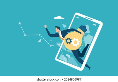 Idea. Breakthrough. Online solution. Businessman holding a light bulb, metaphorical representation of an idea, and breaks the glass of a large smartphone. Business vector illustration.