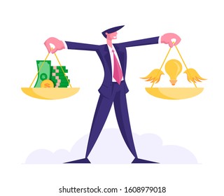 Idea Bring Money Concept. Cheerful Businessman Holding Gold Weights with Stack of Coins and Banknotes and Glowing Light Bulb with Wings on Scalepans Profitable Insight. Flat Vector Illustration