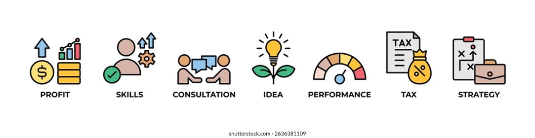 The Idea Builders  Icons set vector illustration with Profit , Skills, Consultation, Idea, Performance, Tax, Strategy