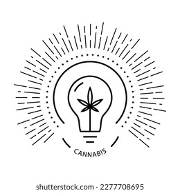 Bombilla de ideas con hoja de cannabis. Diseño de logotipo o placa. Etiqueta escalable del vector. Trazo editable.