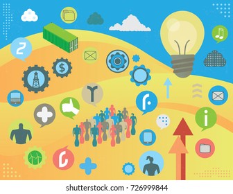 Idea bulb in desert with tech icons, with infographics elements and grunge texture.
