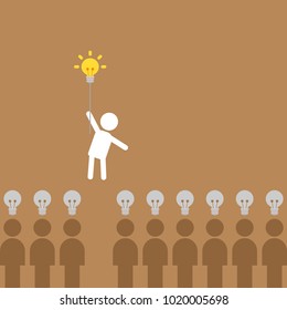 an idea bulb floats a man up while other people, who do not have any idea, stand on the ground. copy space design. creative and idea concept. winner and loser concept. vector illustration.