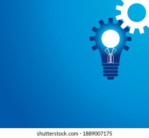The idea of ​​light bulb in gear wheel. The wheel rotates and the bulb light turns on. Luminous wheel used for poster design. Writing area is reserved for the poster. Electric blue background.