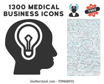 Idea Bulb grey vector icon with 1300 doctor commerce symbols. Clipart style is flat bicolor light blue and gray pictograms.
