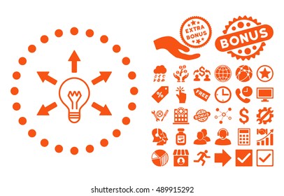 Idea Bulb icon with bonus design elements. Vector illustration style is flat iconic symbols, orange color, white background.