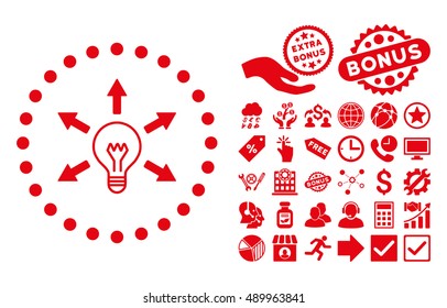 Idea Bulb icon with bonus design elements. Vector illustration style is flat iconic symbols, red color, white background.
