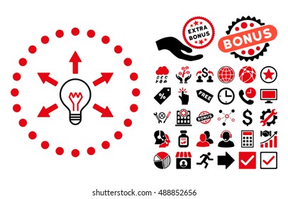 Idea Bulb icon with bonus icon set. Vector illustration style is flat iconic bicolor symbols, intensive red and black colors, white background.