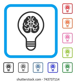 Idea Bulb icon. Flat grey pictogram symbol inside a blue rounded rectangle. Black, gray, green, blue, red, orange color versions of Idea Bulb vector. Designed for web and app user interface.