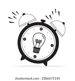 Idea bulb icon in jumping alarm clock isolated on white background. Business concept for creative ideas. Time of initiation great inspiration idea. Deadline for new ideas and brainstorming. Vector