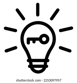 Idea, bulb, key. Black and white vector flat linear illustration. Line drawing, line art. Inspiration, light, creative, business, solution