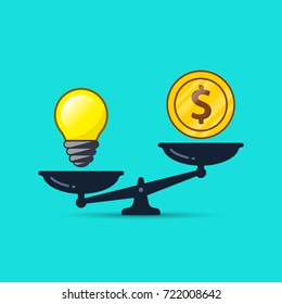 Idea bulb and money on scales illustration. Vector business concept.