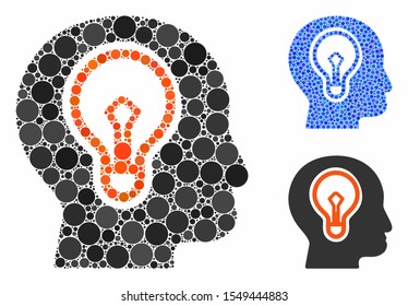 Idea bulb mosaic of circle elements in various sizes and color tints, based on idea bulb icon. Vector circle elements are organized into blue mosaic. Dotted idea bulb icon in usual and blue versions.
