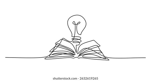 Idea bulb over book single line. Education creativity inspiration glow. Learning knowledge insight focus.