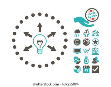 Idea Bulb pictograph with bonus elements. Vector illustration style is flat iconic bicolor symbols, grey and cyan colors, white background.