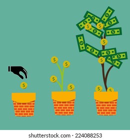 Idea bulb seed, watering can, dollar plant in pot. Financial growth concept. Three steps. Flat design infographic. Vector illustration.