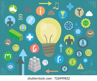 Idea bulb with tech and industry icons, with infographics elements and grunge texture.