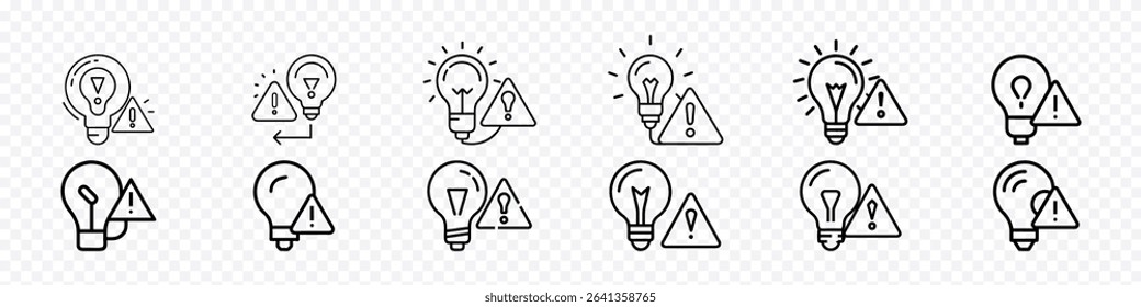 Idea Bulb with Warning Triangle Icon, Solution to Critical Problem Symbol, Light bulb with warning triangle icon. Vector symbol representing solution to a critical issue, emergency idea