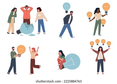 Idea bulbs people. Inspiration and crisis, geniuses persons with glowing light bulbs, persons and team with braked lamps, successful and unsuccessful solution, nowaday vector isolated set