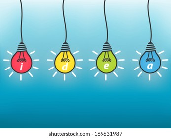 Idea business concept, colorful light bulb on blue background.