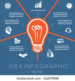 Idea Business Concept. Light bulb infographics template on five positions possible to use for workflow, banner, diagram,  web design, timeline, area chart
