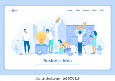 Idea Business Concept, Inicio de Proyecto, Planificación Financiera, Estrategia, Realización y Éxito. Un equipo de gente con una gran bombilla. plantilla de diseño de página web de destino decorada con caracteres de personas
