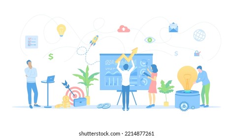 Idea Business Concept, Project Startup, Financial Planning, Strategy, Realización y Éxito. Un equipo de gente con una gran bombilla. Estilo plano de ilustración vectorial.	

