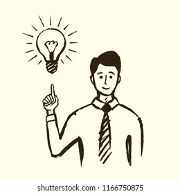 Idea, business concept sketch, close-up. The businessman found a solution and pointed his index finger at the burning lamp, scientific discovery. Vector hand drawn illustration.