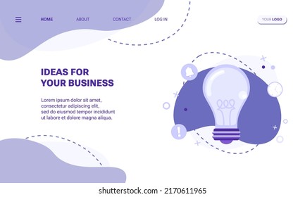 Idea for business, creative mind or brainstorm concept landing page template or web banner. Vector illustration with bulb lamp surrounded abstract geometric shapes and icons on abstract background 