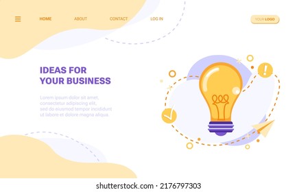 Idea for business, creative mind or brainstorm concept landing page template or web banner. Vector illustration with bulb lamp surrounded abstract geometric shapes and icons on abstract background