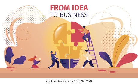 From Idea to Business Horizontal Banner. Office People Work Together Setting Up Huge Lightbulb Separated on Puzzle Pieces Standing on Ladders. Businesspeople Teamwork. Cartoon Flat Vector Illustration