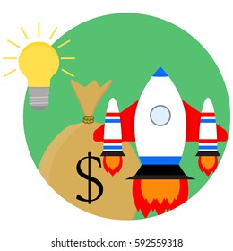 Idea of a business start-up. Development and strategy, sack of money and spaceship start up. Vector illustration