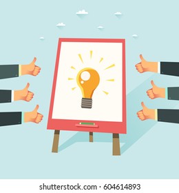 An idea for business startup. Lots of Like hands. New business presentation. Colorful vector illustration in flat style. Lots of thumbs up hands