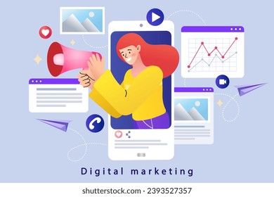 Idea of business strategy. social media profile on a smartphone. Increase your social media followers with successful marketing strategies. digital marketing campaign. Flat Cartoon Vector Illustration