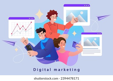 Idea of business strategy. social media profile on a smartphone. Increase your social media followers with successful marketing strategies. digital marketing campaign. Flat Cartoon Vector Illustration